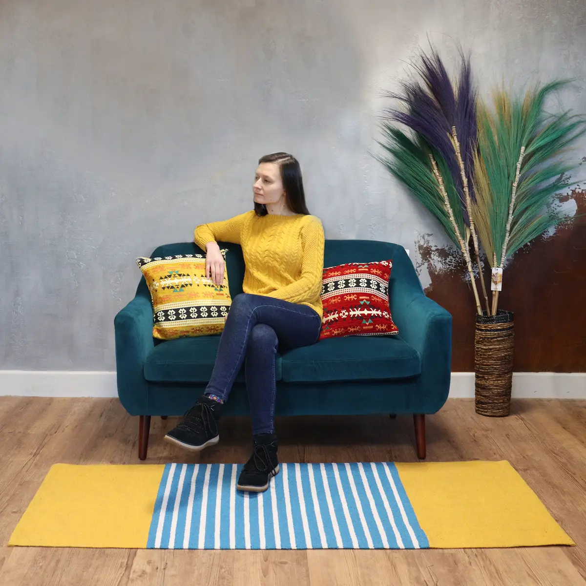Indisk bomullsmatta 70x170 cm gul och blå - produktbild 2