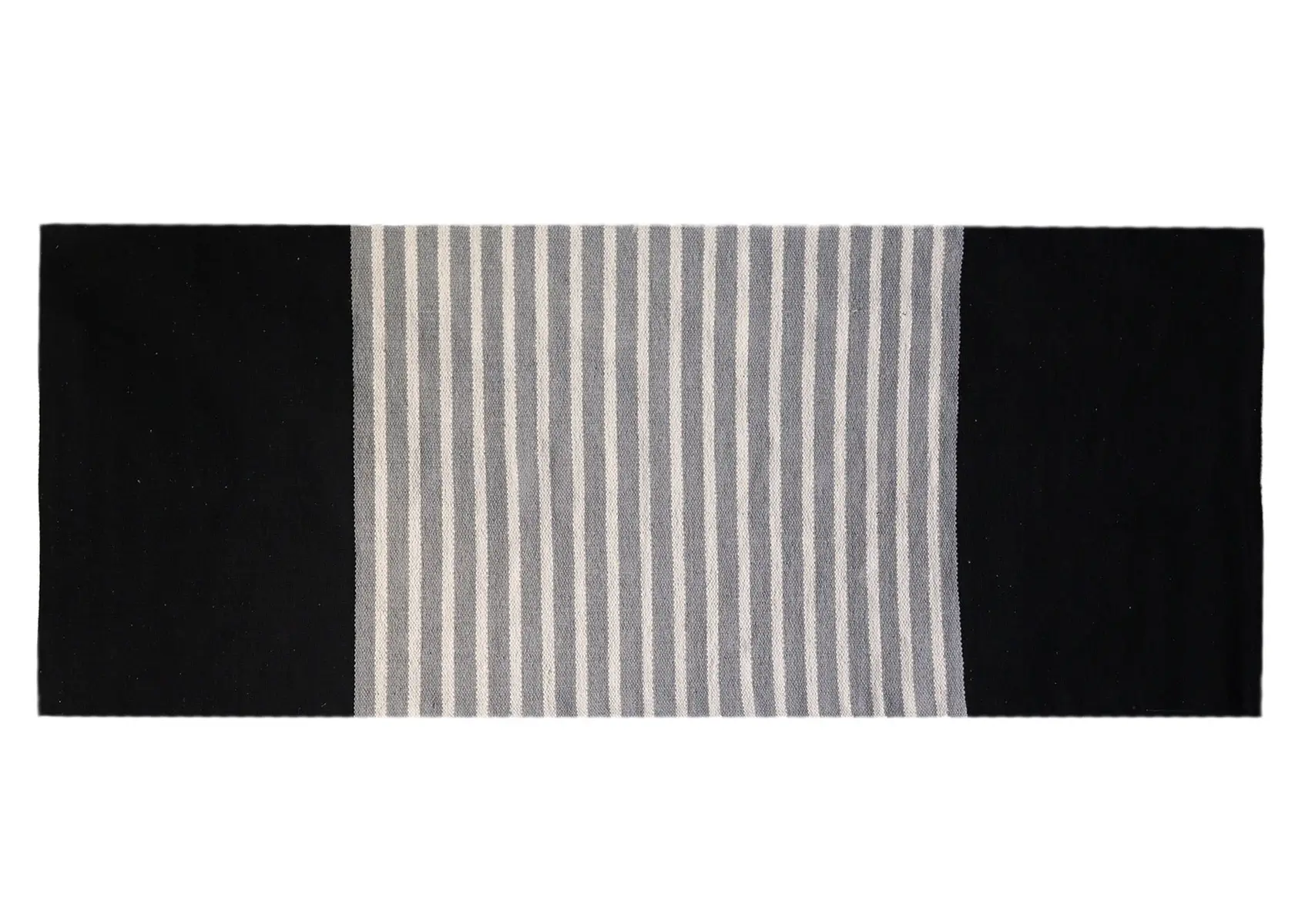 Handvävd indisk bomullsmatta i svart och grått med ränder, 70x170 cm