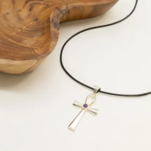 Indiskt andligt halsband med ankhsymbol i silverplätering och lila sten - produktbild 2