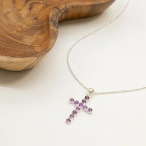 Indiskt andligt halsband med silverpläterat kors och ametistfärgade stenar, 45 cm kedja - produktbild 4