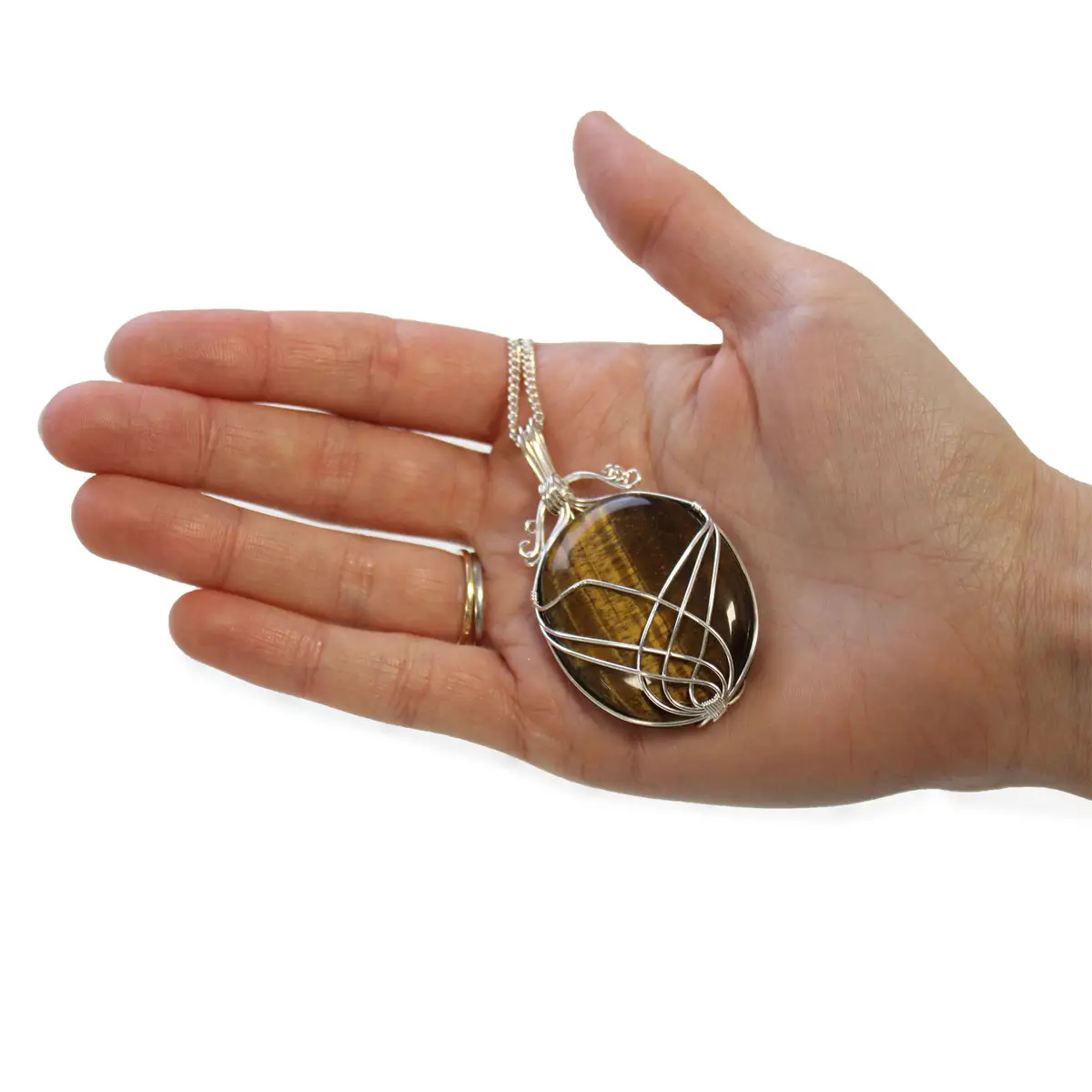 Indiskt halsband med tigeröga och silvertrådsinramning - produktbild 2