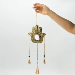 Indiskt vindspel Hamsa med spegel och 3 klockor 14x55 cm - produktbild 2