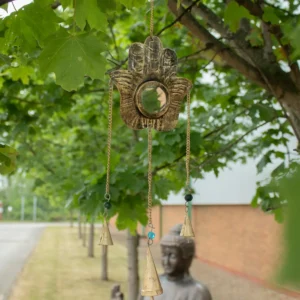 Indiskt vindspel Hamsa med spegel och 3 klockor 14x55 cm - produktbild 4