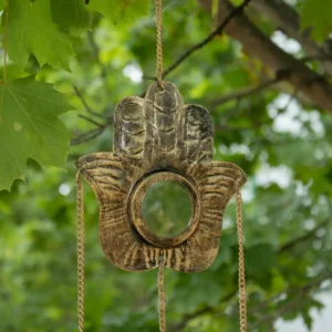 Indiskt vindspel Hamsa med spegel och 3 klockor 14x55 cm - produktbild 5