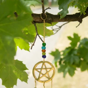 Indiskt vindspel i mässing med tri-pentagram och 7 klockor 9,5x32 cm - produktbild 6
