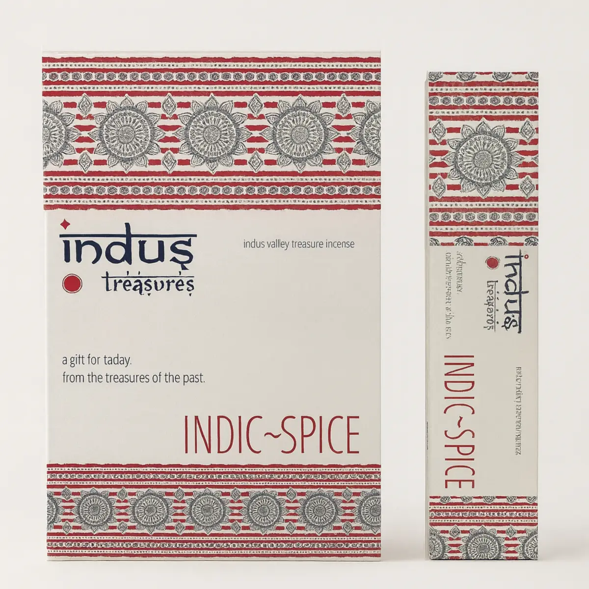 Förpackning med Indus Treasures Indic-Spice rökelsepinnar med dekorativt mönster