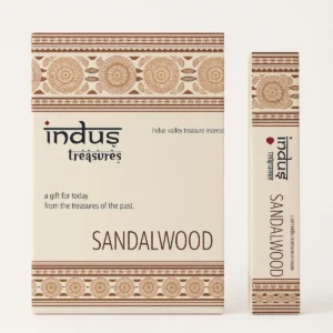 Förpackning och ask med Indus Treasures rökelsepinnar med sandelträdoft