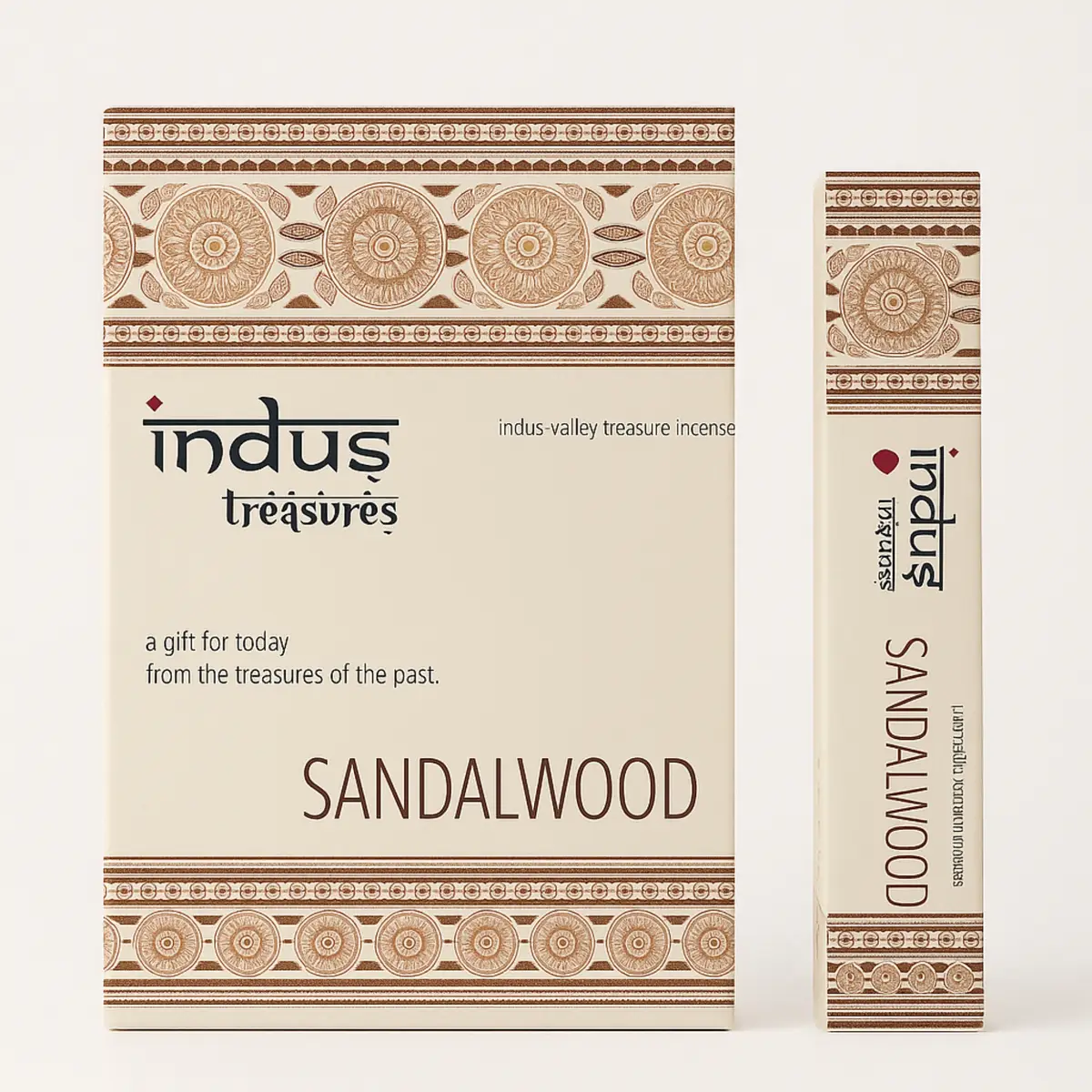 Förpackning och ask med Indus Treasures rökelsepinnar med sandelträdoft