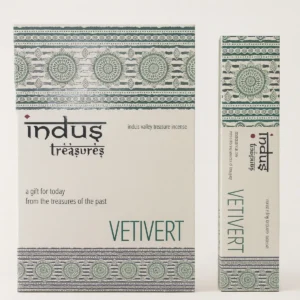 Förpackning och ask med Indus Treasures rökelsepinnar Vetivert