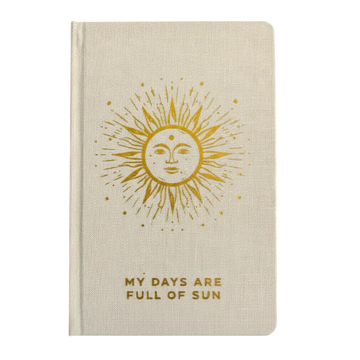 Elfenbensfärgad anteckningsbok med guldfärgad sol och texten 'My Days Are Full of Sun' på framsidan