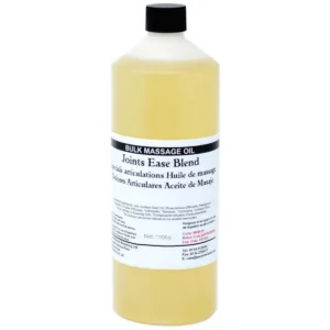 Flaska med Joints Ease 1 kg massageolja med vit etikett och svart lock