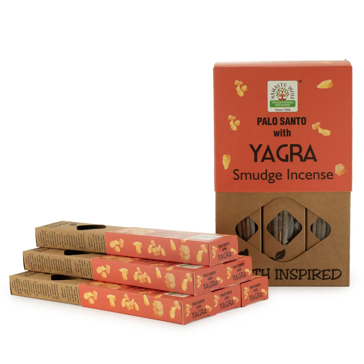 Förpackning och rökelsestickor med Yagra-doft i jordinspirerad design