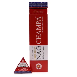 Röd och vit förpackning med pyramidformade Jumbo Golden Nag Champa backflow rökelsekoner