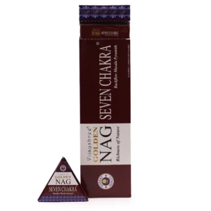 Förpackning och en pyramidformad rökelsekon av Jumbo Golden Nag Seven Chakra backflow rökelsekoner