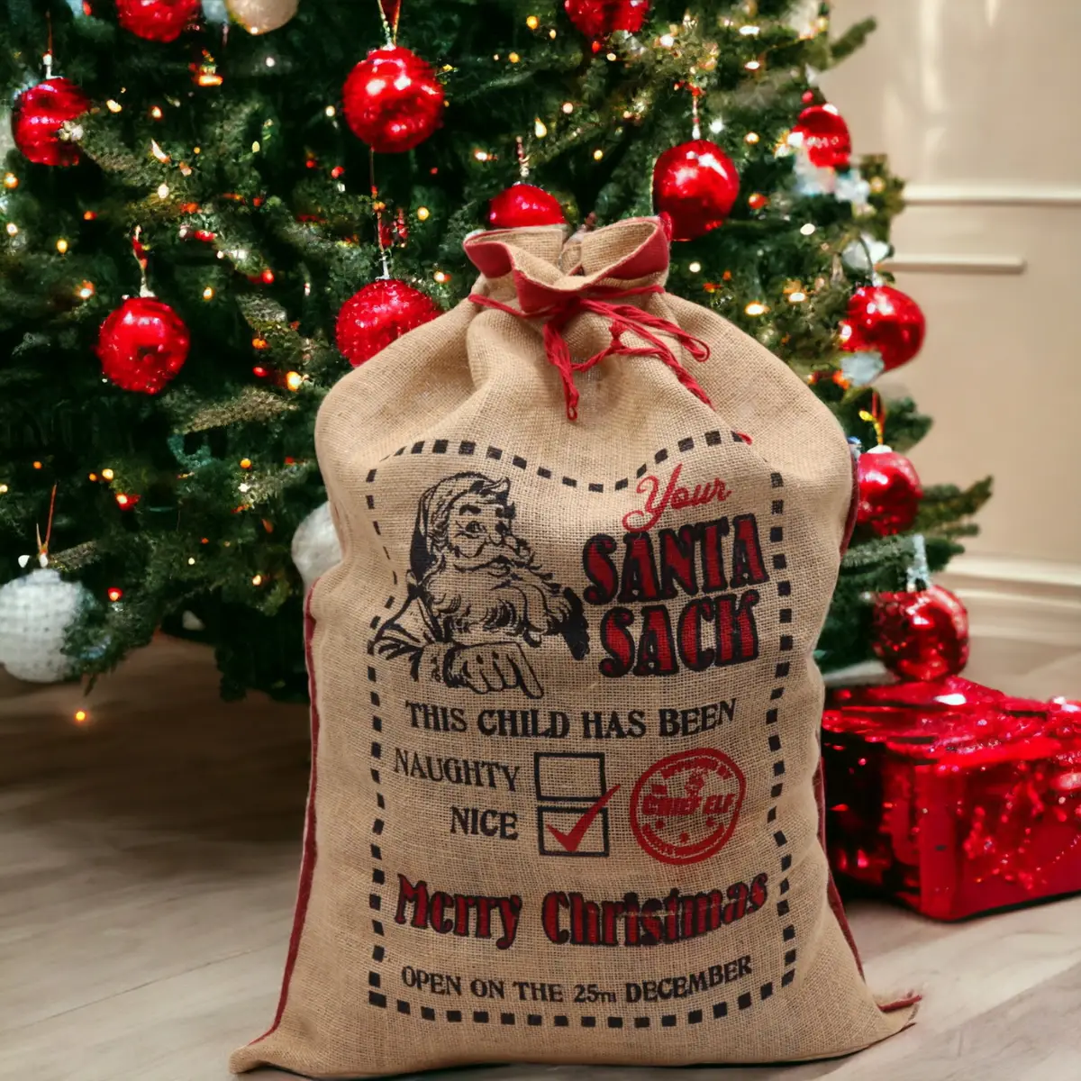 Jutesäck för julklappar med tryck "This Child Has Been Nice" - produktbild 2