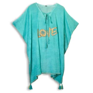Turkos kaftan med gulddetaljer och "Love"-motiv från Nomad Sari