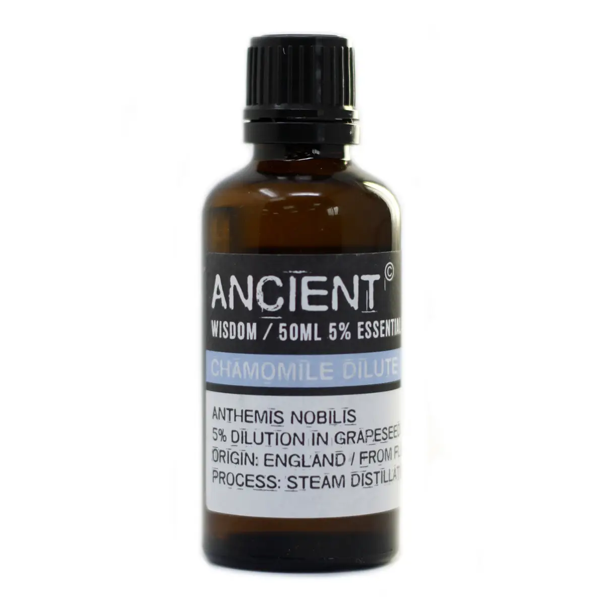 Brun glasflaska med kamomillolja och etikett med text Ancient Wisdom 50ml