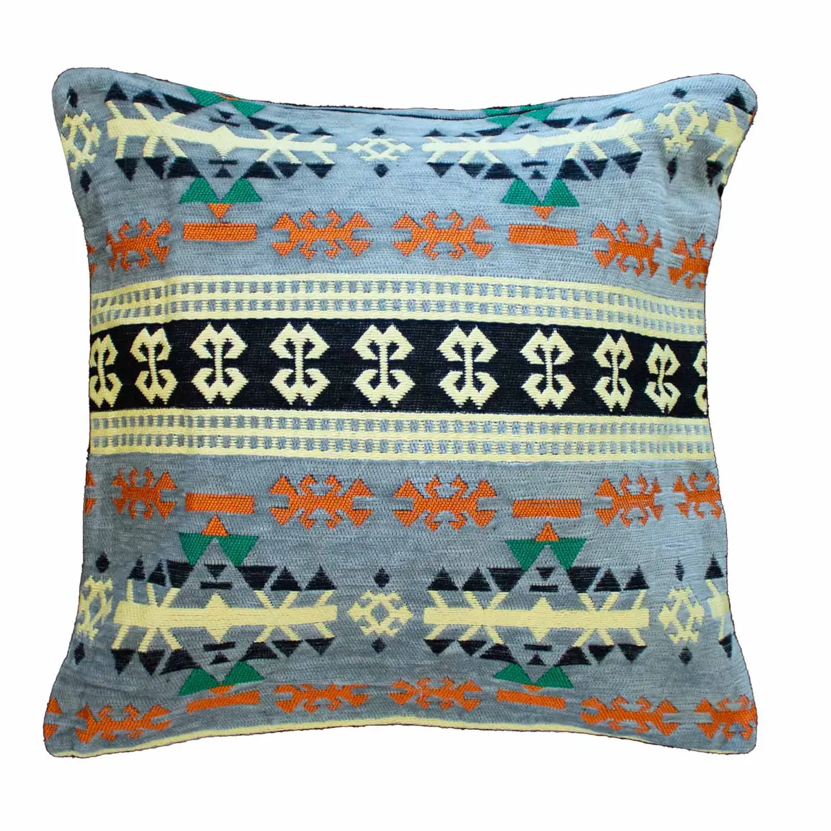 Kilim kuddfodral med traditionellt mönster i kolgrått, orange, grönt och svart