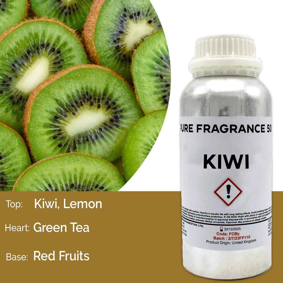 Flaska med ren kiwi doftolja 500 ml och skivade kiwifrukter i bakgrunden