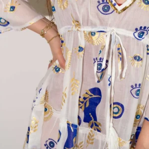 Klänning Nomad Sari On the Med Collection med vitt, blått och guldmönster - produktbild 2