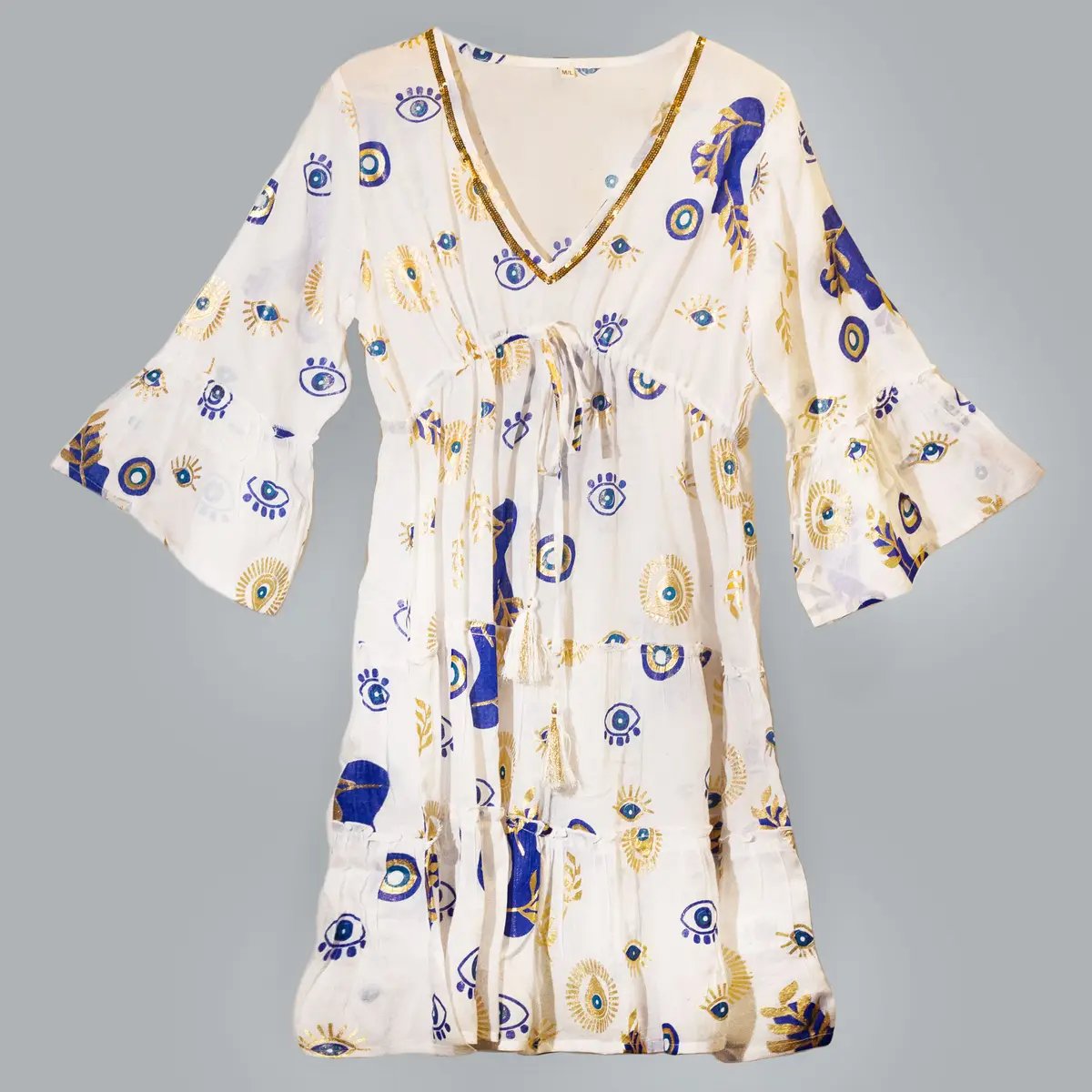 Klänning Nomad Sari On the Med Collection med vitt, blått och guldmönster - produktbild 4
