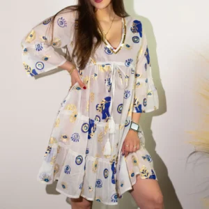 Klänning Nomad Sari On the Med Collection med vitt, blått och guldmönster - produktbild 6