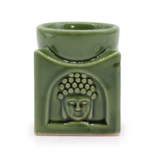 Grön keramisk fyrkantig buddha-oljebrännare i mörk jade med dekorativ glasyr