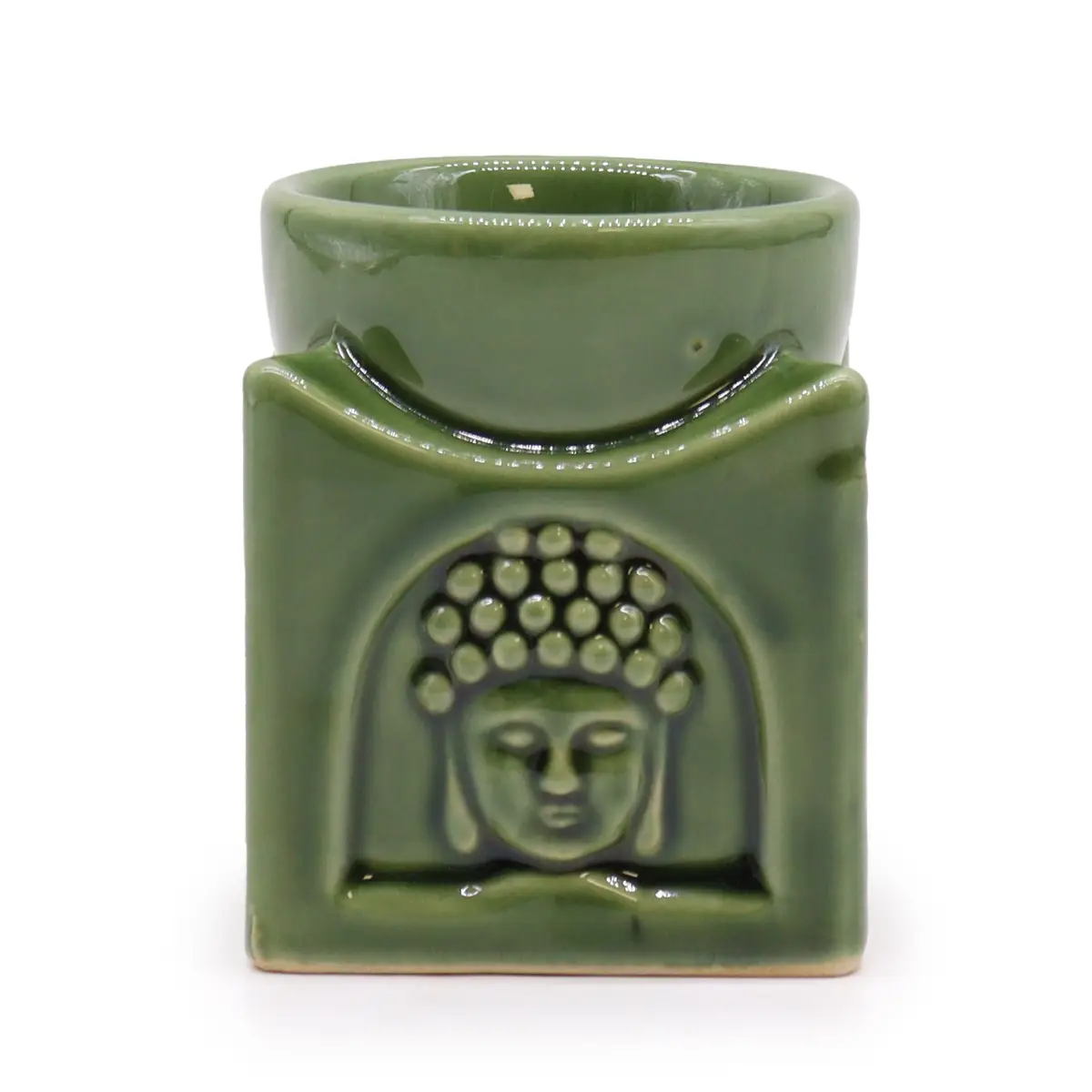 Grön keramisk fyrkantig buddha-oljebrännare i mörk jade med dekorativ glasyr