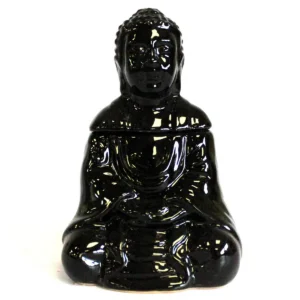 Svart oljelampa formad som sittande Buddha