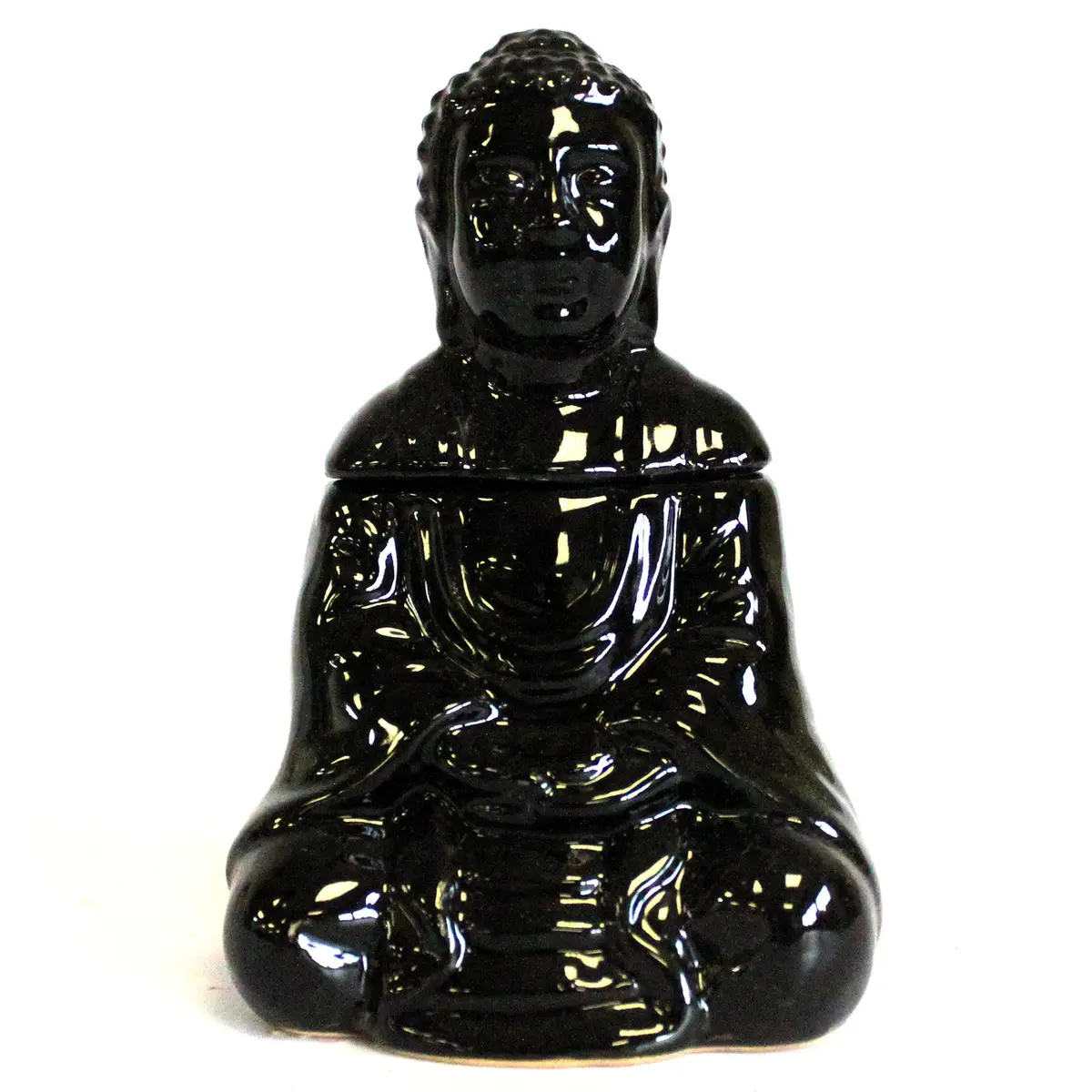 Svart oljelampa formad som sittande Buddha