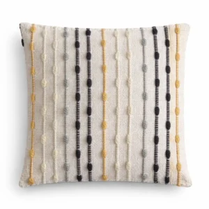 Kuddfodral med texturerade ränder och knutdetaljer i kräm, senap, grått och svart