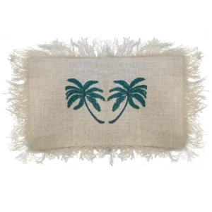 Kudde i linne 30x50 cm med palmtryck och fransar - produktbild 2