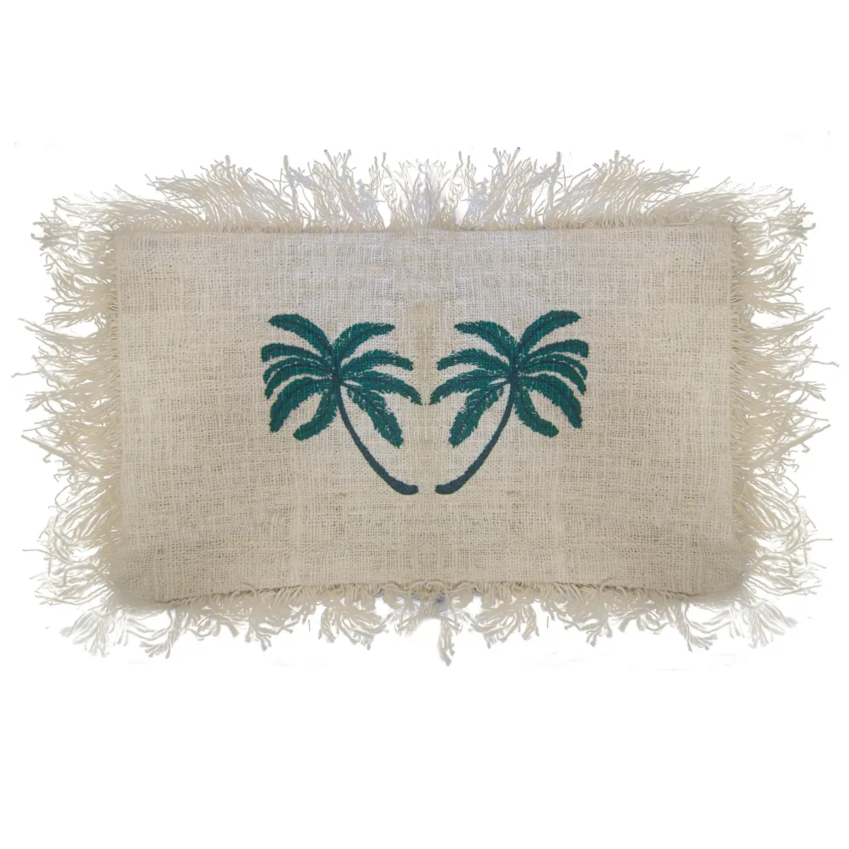 Kudde i linne 30x50 cm med palmtryck och fransar - produktbild 2