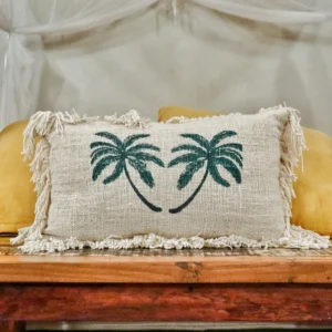 Kudde i linne 30x50 cm med palmtryck och fransar - produktbild 3