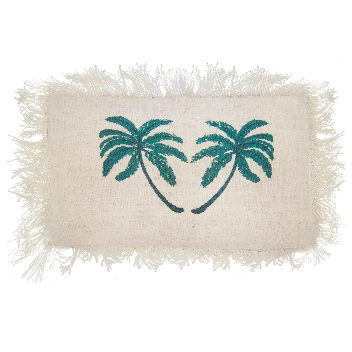 Rektangulär kudde i linne med grönt palmtryck och vita fransar runtom