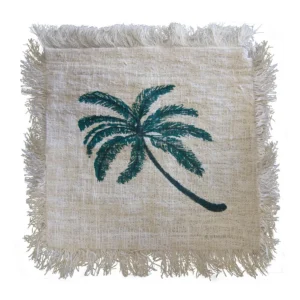 Kudde i linne 60 x 60 cm med palmtryck och fransar - produktbild 3