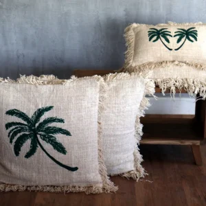 Kuddfodral i linne 45 x 45 cm med palmtryck och fransar - produktbild 2
