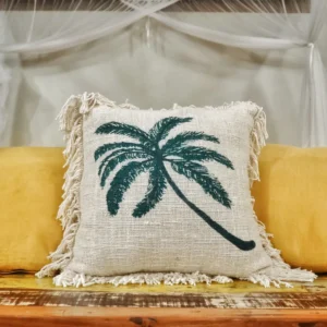 Kuddfodral i linne 45 x 45 cm med palmtryck och fransar - produktbild 3