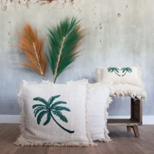 Kuddfodral i linne 45 x 45 cm med palmtryck och fransar - produktbild 4
