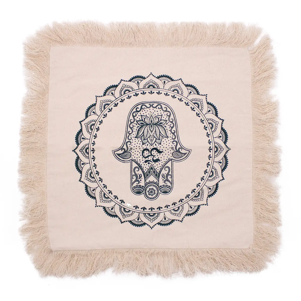 Kuddfodral med mandalamönster och tofsar i beige färg