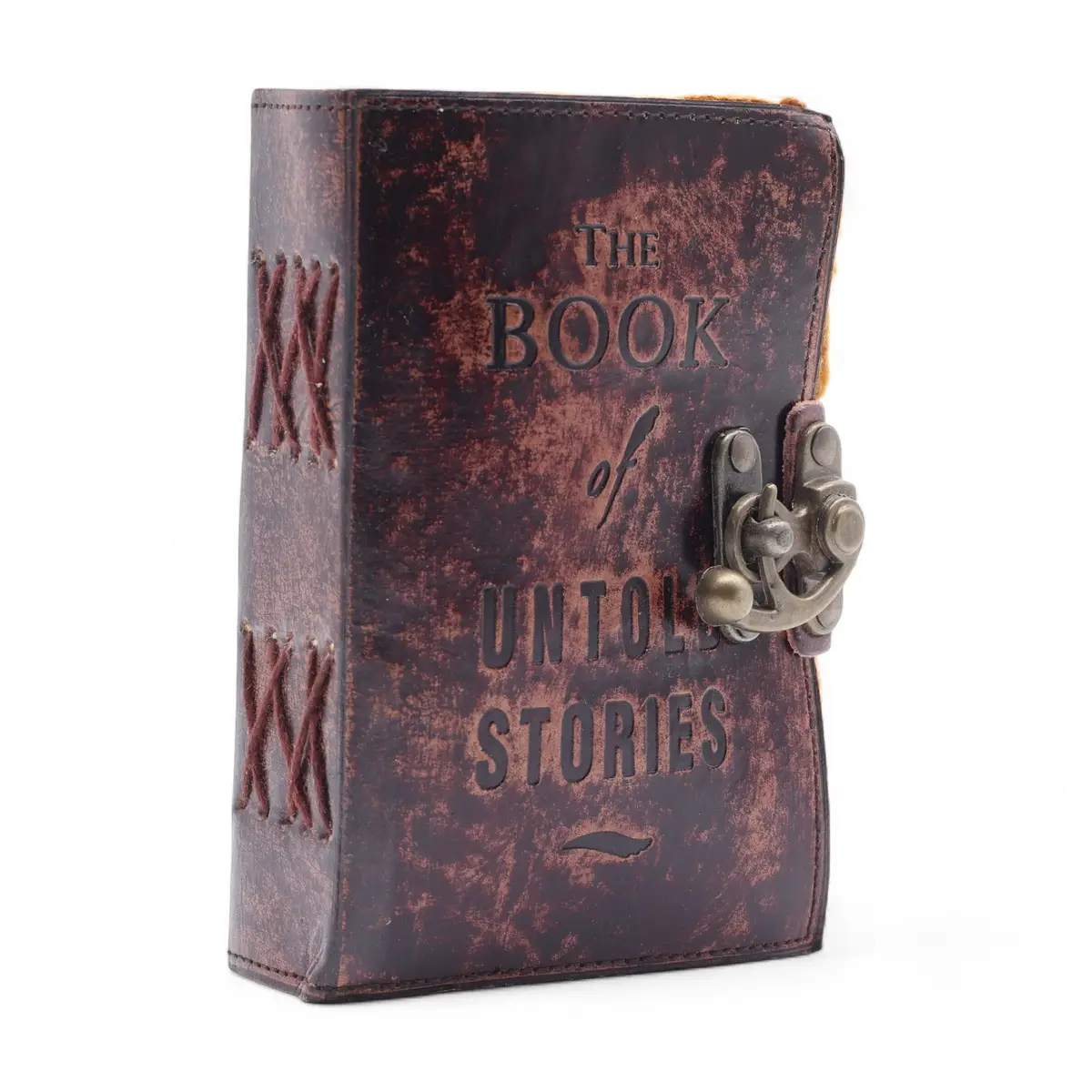 Vintageinspirerad läderanteckningsbok med präglad text och mässingslås