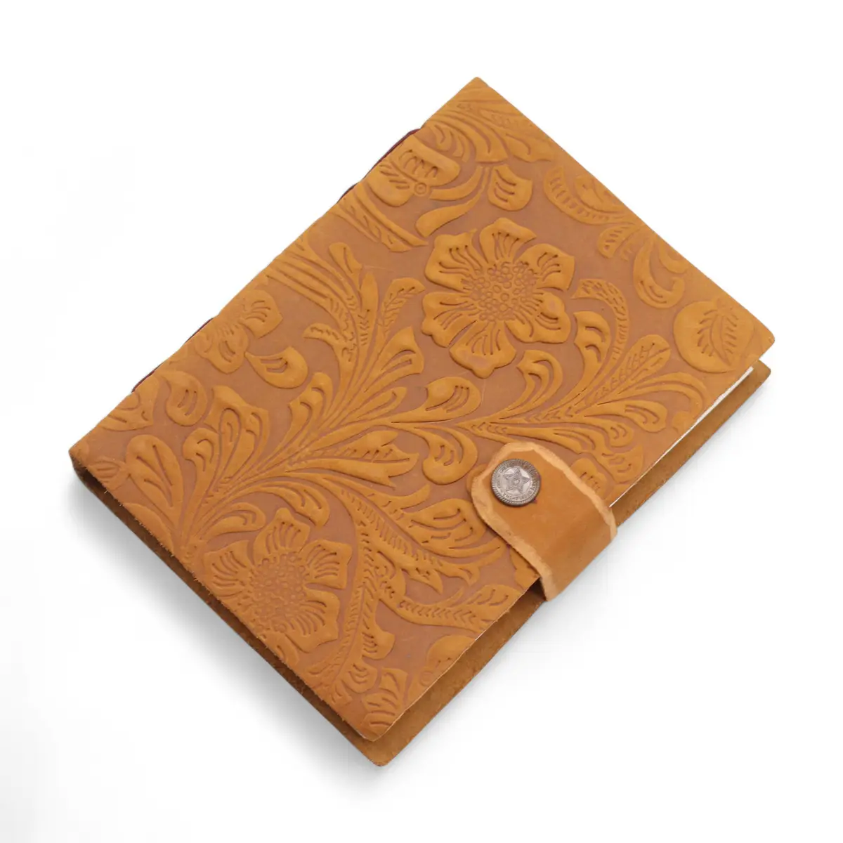 Läderanteckningsbok med präglat blommönster i tan, 17,8×12,7 cm - produktbild 3