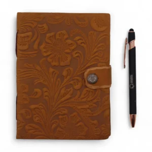 Läderanteckningsbok med präglat blommönster i tan, 17,8×12,7 cm - produktbild 5