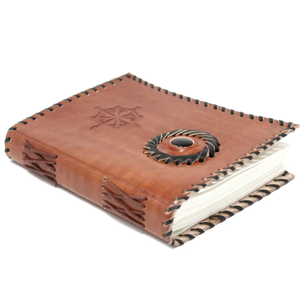 Läderanteckningsbok med svart onyx och kompass 17x12 cm - produktbild 2