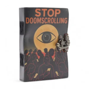 Svart läderanteckningsbok med trycket Stoppa Doomscrolling och metallspänne