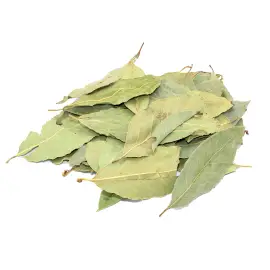 Hela torkade lagerblad i en hög på vit bakgrund