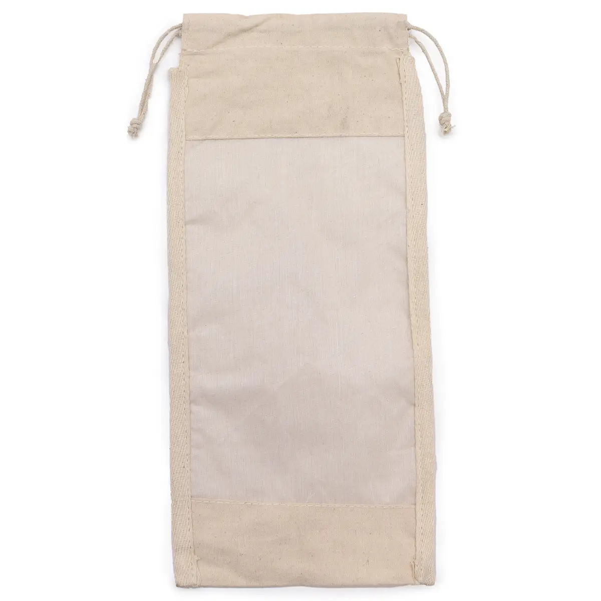 Lång beige bomullspåse med genomskinligt fönster och dragsko