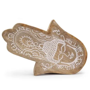 Lång träbricka i form av en Hamsa med vitmålat Buddha-motiv