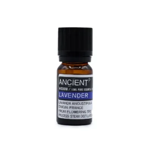 Flaska med lavendel eterisk olja 10 ml med svart lock och etikett