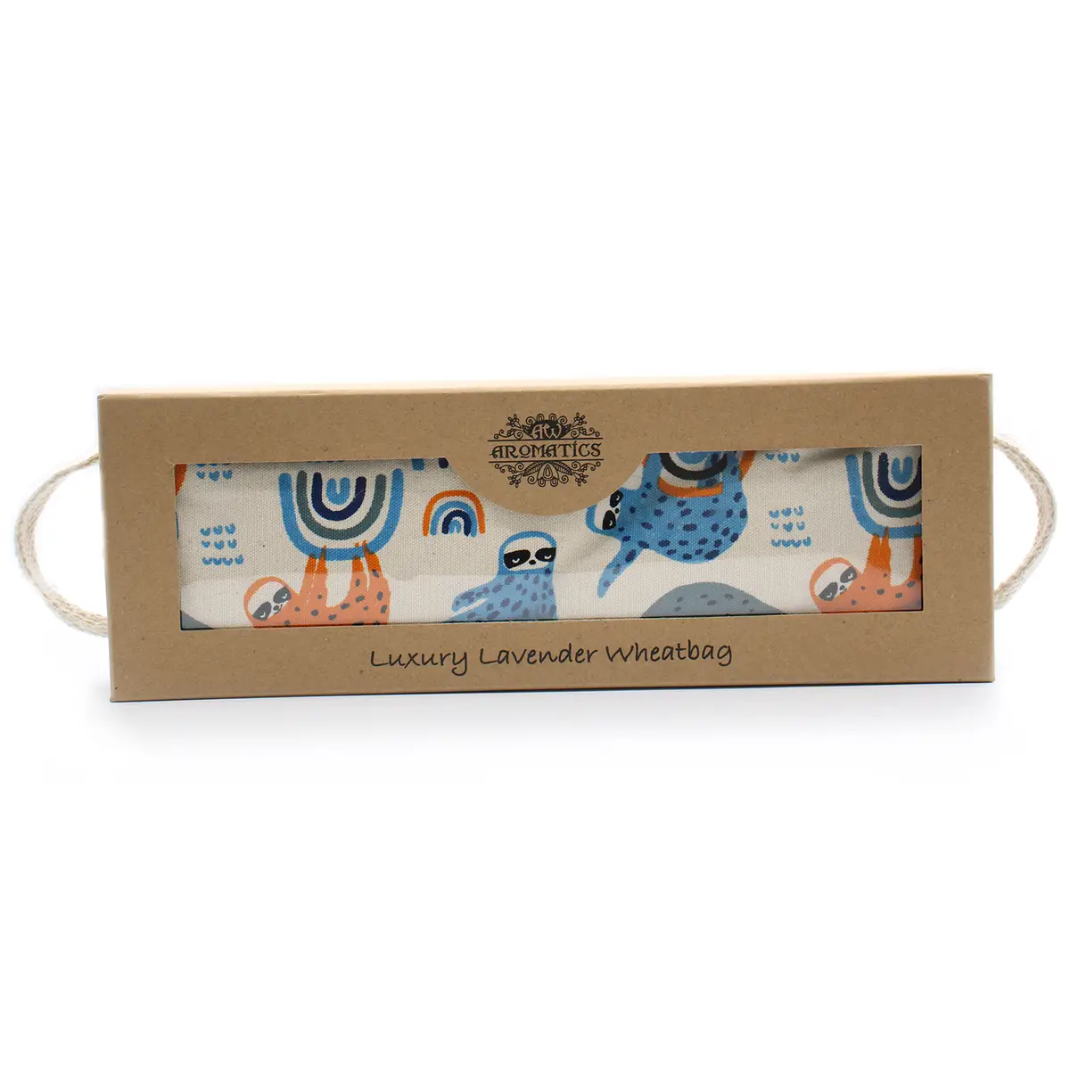 Lavendelvärmedyna med vete i presentförpackning med snörehandtag och mönster med sengångare